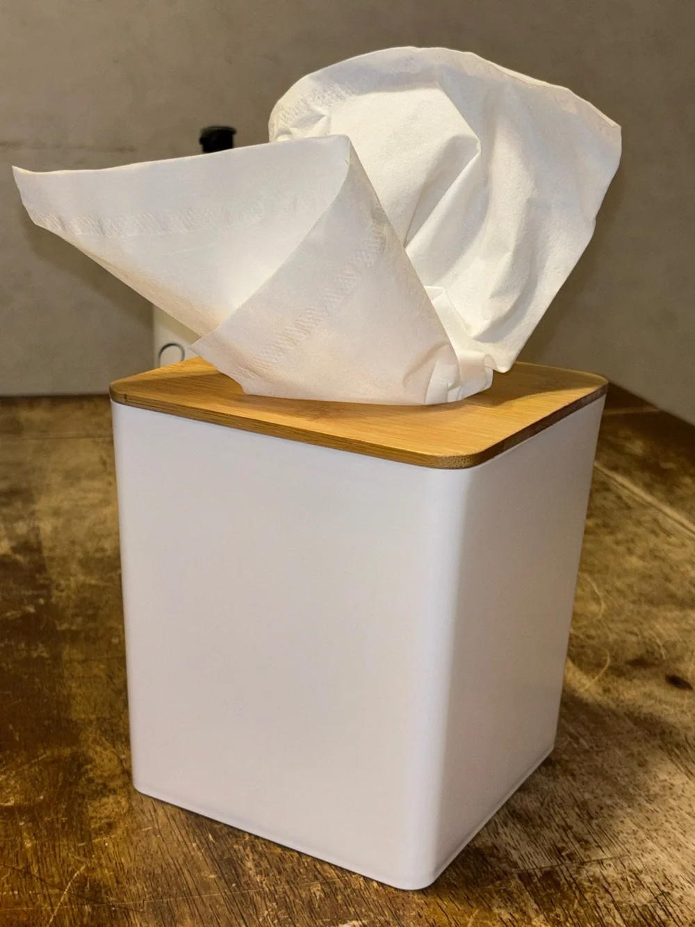 Modern Bamboo Bathroom Set Soap Lotion Dispensers Tissue Box White 3 Pc